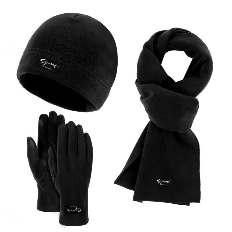 3Pcs Unisex Solid Color Polar Fleece Hat Scarf Gloves Set - Black - Adjustable (21 1/4"-22 7/8") - image 12
