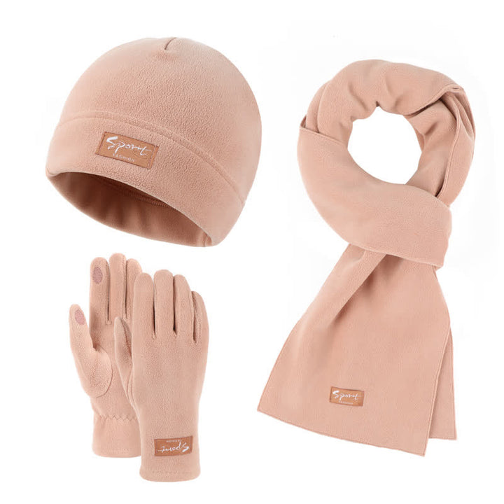 3Pcs Unisex Solid Color Polar Fleece Hat Scarf Gloves Set - Pink - Adjustable (21 1/4"-22 7/8") - image 9