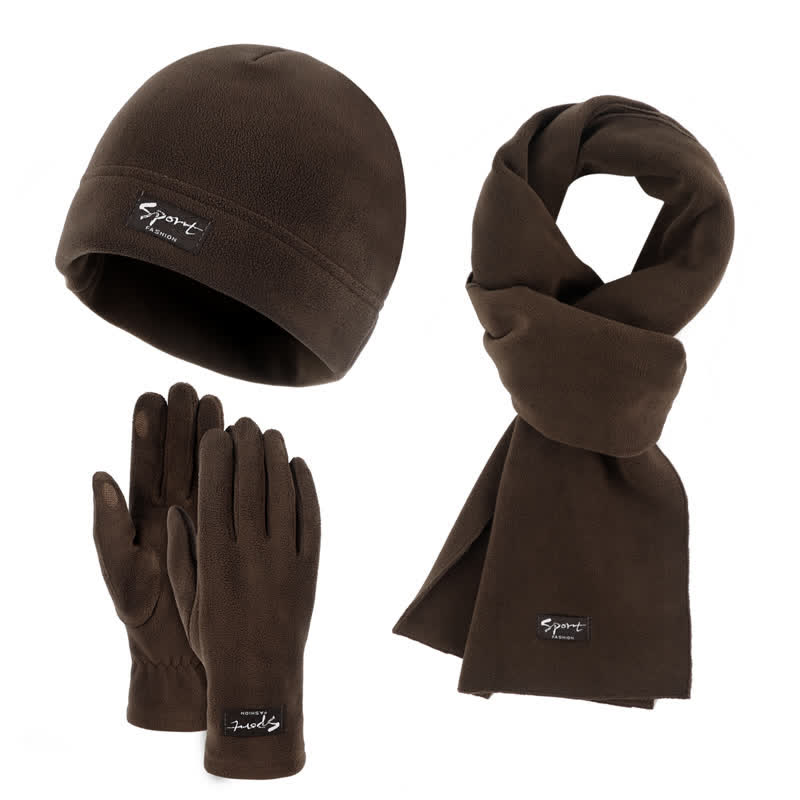 3Pcs Unisex Solid Color Polar Fleece Hat Scarf Gloves Set - Coffee - Adjustable (21 1/4"-22 7/8") - image 0