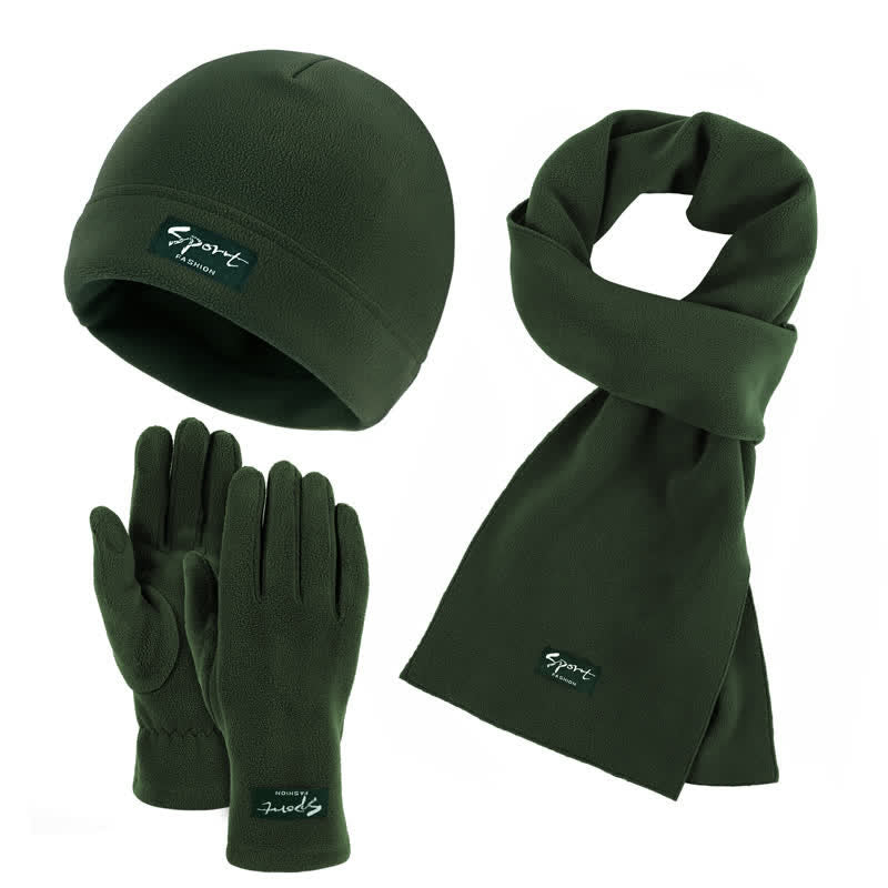 3Pcs Unisex Solid Color Polar Fleece Hat Scarf Gloves Set - Dark Green - Adjustable (21 1/4"-22 7/8") - image 23