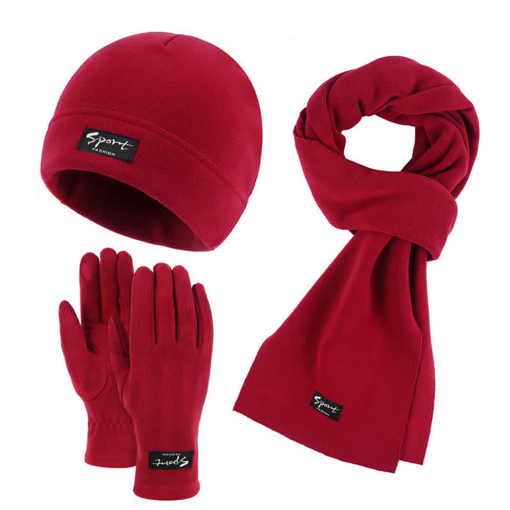 3Pcs Unisex Solid Color Polar Fleece Hat Scarf Gloves Set - Red - Adjustable (21 1/4"-22 7/8") - image 14