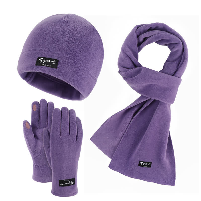 3Pcs Unisex Solid Color Polar Fleece Hat Scarf Gloves Set - Purple - Adjustable (21 1/4"-22 7/8") - image 18