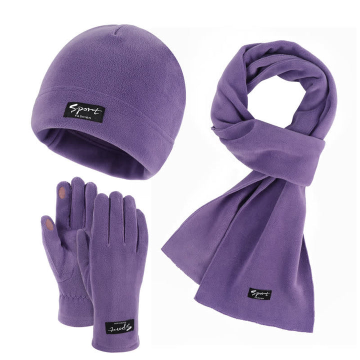 3Pcs Unisex Solid Color Polar Fleece Hat Scarf Gloves Set - Purple - Adjustable (21 1/4"-22 7/8") - image 18