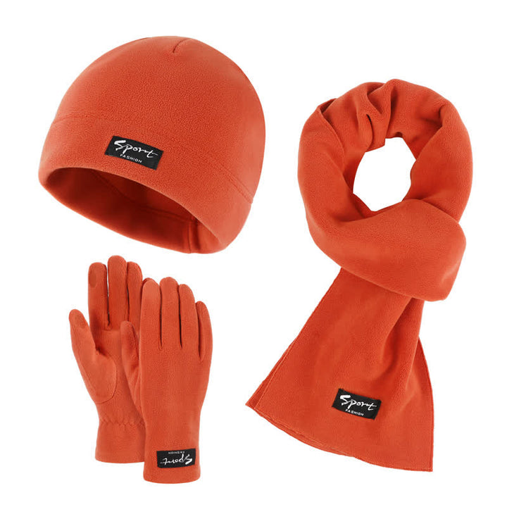 3Pcs Unisex Solid Color Polar Fleece Hat Scarf Gloves Set - Orange - Adjustable (21 1/4"-22 7/8") - image 7