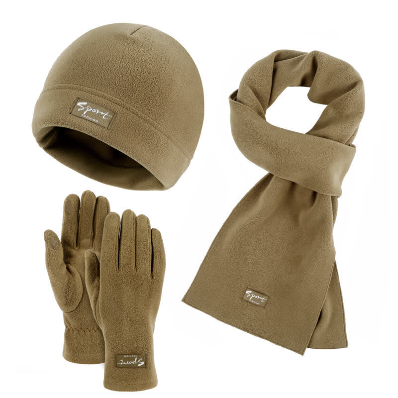 3Pcs Unisex Solid Color Polar Fleece Hat Scarf Gloves Set - Khaki - Adjustable (21 1/4"-22 7/8") - image 3