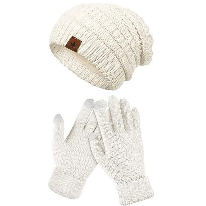 2Pcs Unisex Simple Solid Color Knitted Hat Scarf Gloves Set - White - Adjustable (21 1/4"-22 7/8") - image 1
