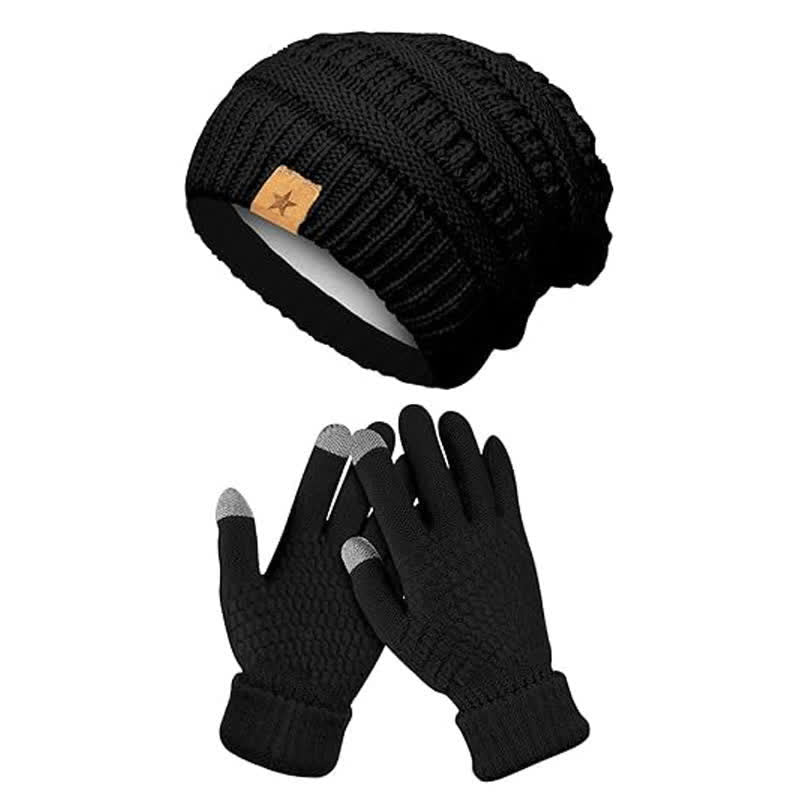 2Pcs Unisex Simple Solid Color Knitted Hat Scarf Gloves Set - Black - Adjustable (21 1/4"-22 7/8") - image 0