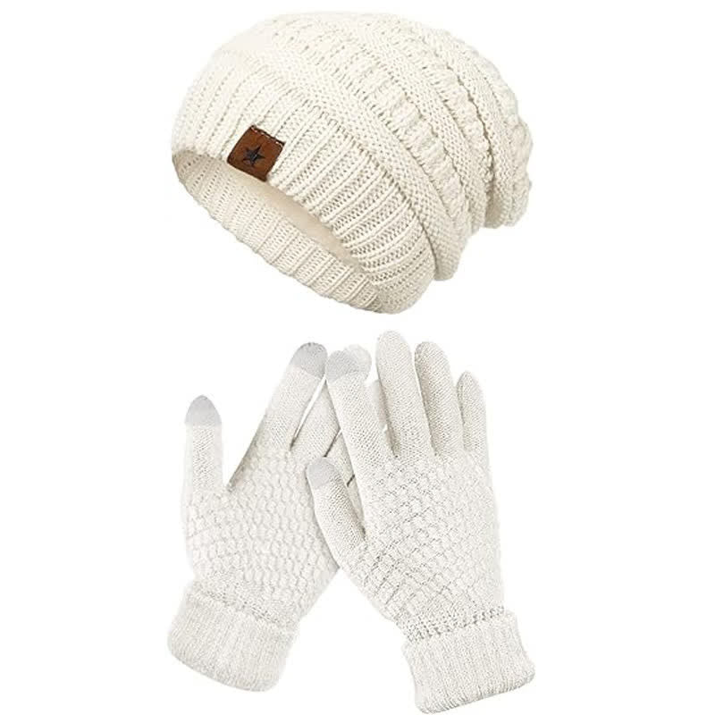 2Pcs Unisex Simple Solid Color Knitted Hat Scarf Gloves Set - White - Adjustable (21 1/4"-22 7/8") - image 1