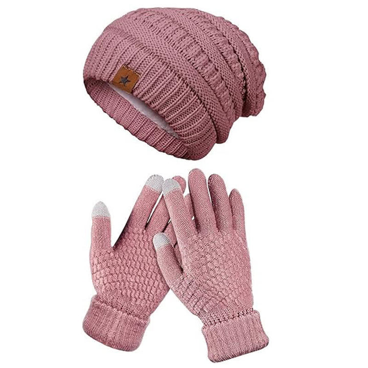 2Pcs Unisex Simple Solid Color Knitted Hat Scarf Gloves Set - Pink - Adjustable (21 1/4"-22 7/8") - image 4