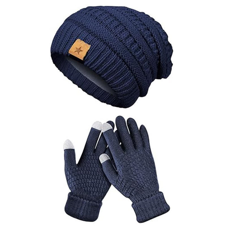 2Pcs Unisex Simple Solid Color Knitted Hat Scarf Gloves Set - Navy - Adjustable (21 1/4"-22 7/8") - image 6