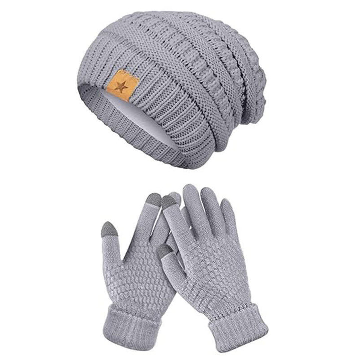 2Pcs Unisex Simple Solid Color Knitted Hat Scarf Gloves Set - Light Gray - Adjustable (21 1/4"-22 7/8") - image 5
