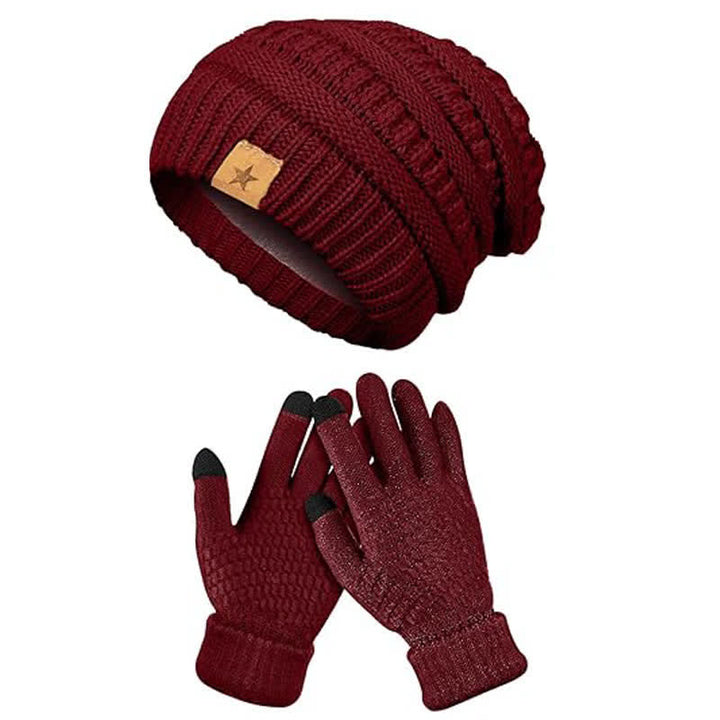 2Pcs Unisex Simple Solid Color Knitted Hat Scarf Gloves Set - Burgundy - Adjustable (21 1/4"-22 7/8") - image 3