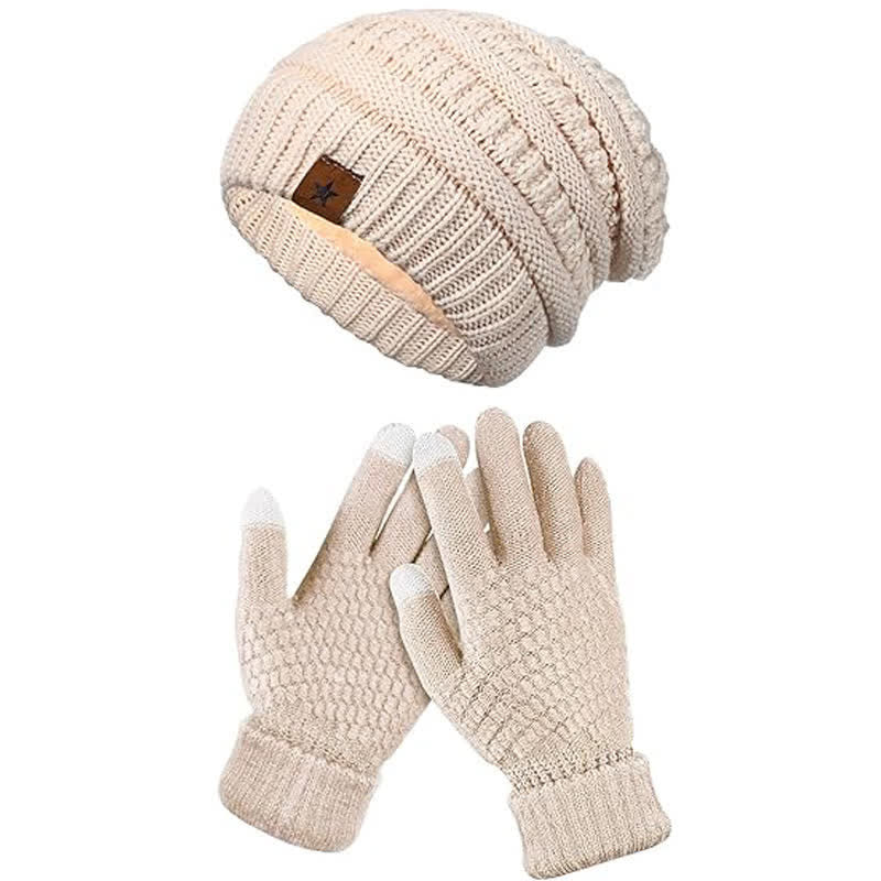 2Pcs Unisex Simple Solid Color Knitted Hat Scarf Gloves Set - Ivory - Adjustable (21 1/4"-22 7/8") - image 2