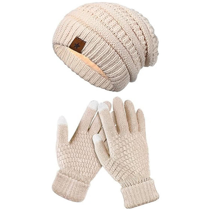2Pcs Unisex Simple Solid Color Knitted Hat Scarf Gloves Set - Ivory - Adjustable (21 1/4"-22 7/8") - image 2