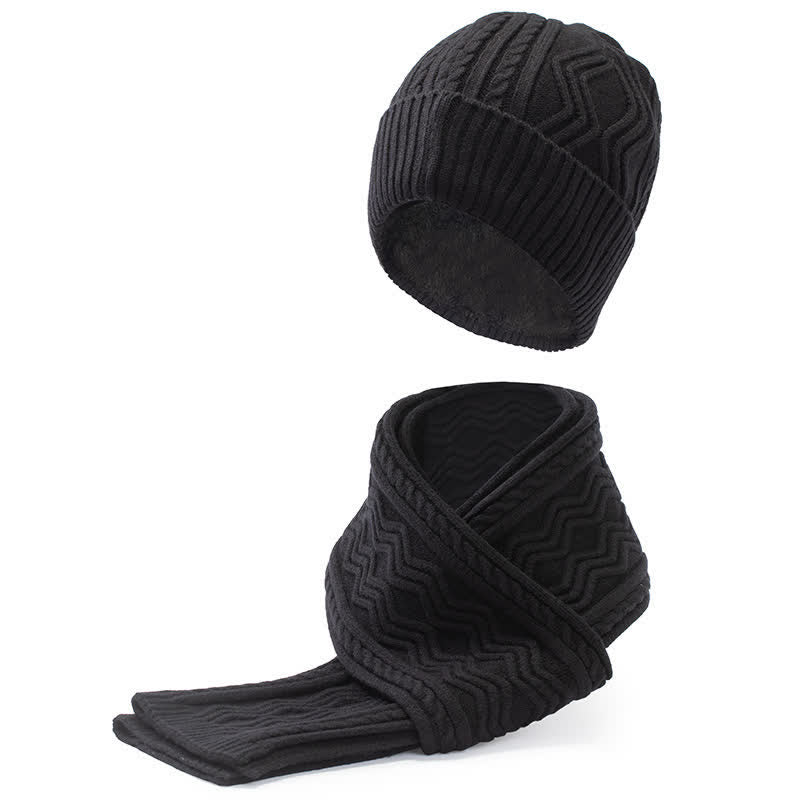 2Pcs Unisex Jacquard Solid Color Knitted Hat Scarf Gloves Set - Black - Adjustable (21 1/4"-22 7/8") - image 3