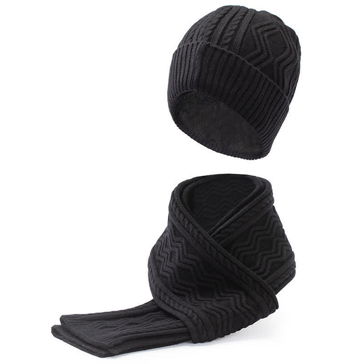 2Pcs Unisex Jacquard Solid Color Knitted Hat Scarf Gloves Set - Black - Adjustable (21 1/4"-22 7/8") - image 3