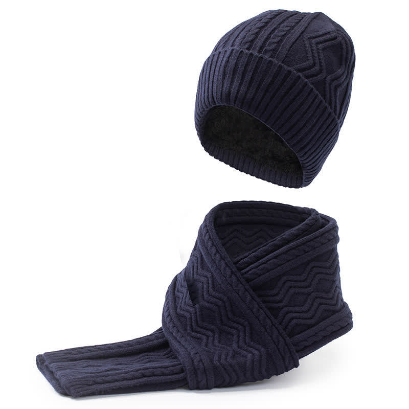 2Pcs Unisex Jacquard Solid Color Knitted Hat Scarf Gloves Set - Navy - Adjustable (21 1/4"-22 7/8") - image 5