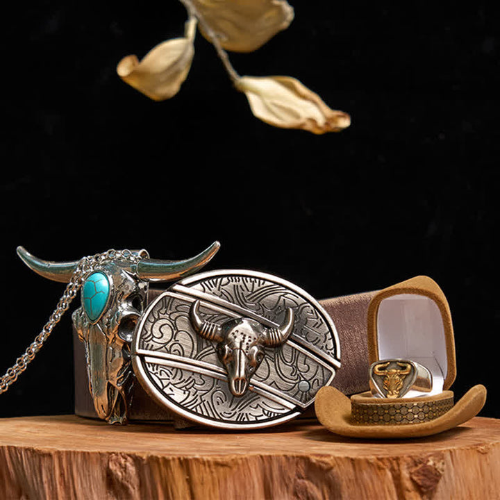 Turquoise Longhorn Bull DIY Hidden Knife Belt Buckle Pendant Ring Bundle Set - Gold - Brown Distressed Belt - 42 - image 9