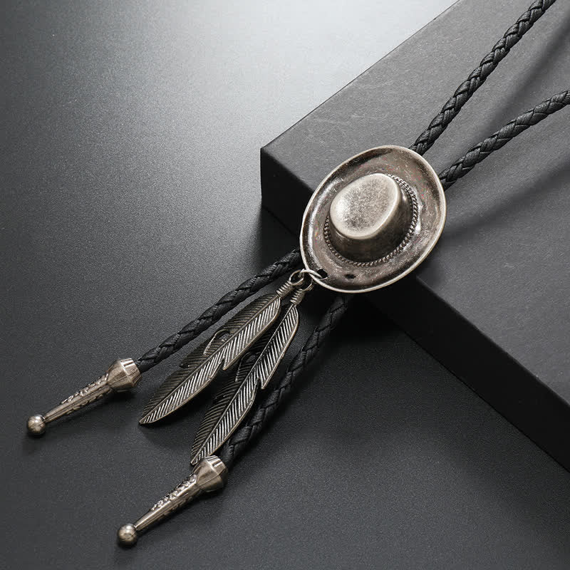 Rodeo Cowboy Hat With Feather Bolo Tie - Antique Silver - image 3