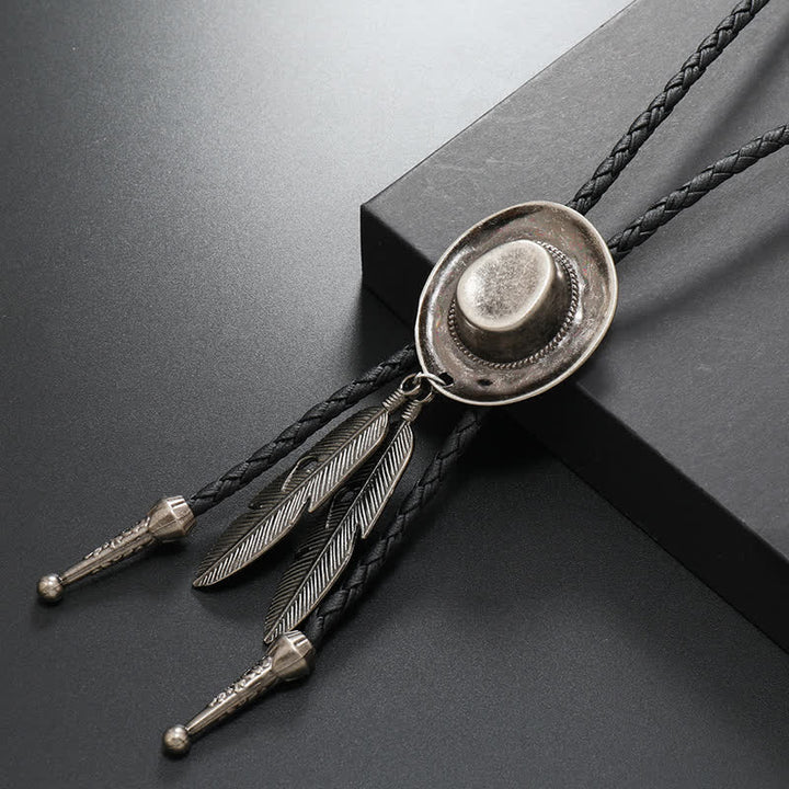 Rodeo Cowboy Hat With Feather Bolo Tie - Antique Silver - image 3