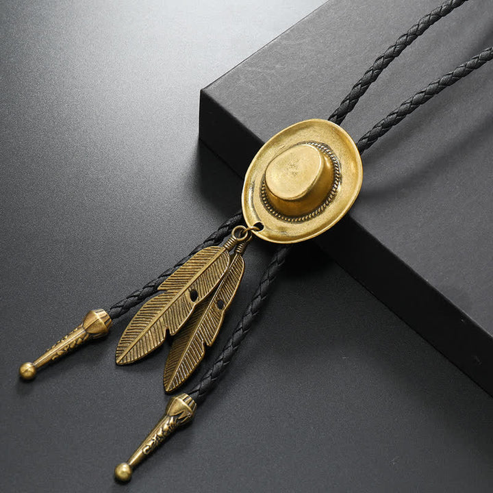 Rodeo Cowboy Hat With Feather Bolo Tie - Antique Gold - image 1