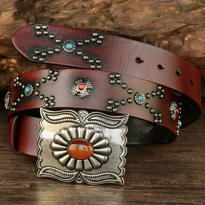 Colorful Gems Stone-Decorated Western Rivets Leather Belt - image 2