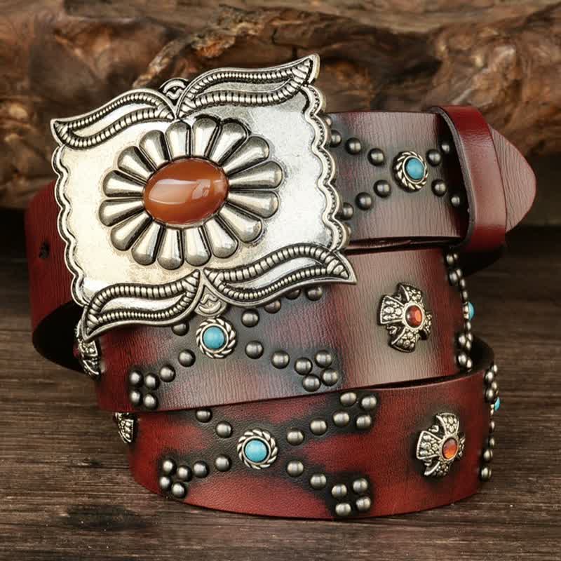 Colorful Gems Stone-Decorated Western Rivets Leather Belt - image 1