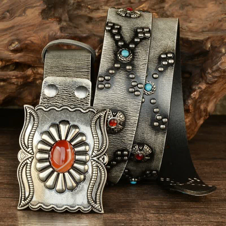 Colorful Gems Stone-Decorated Western Rivets Leather Belt - image 7