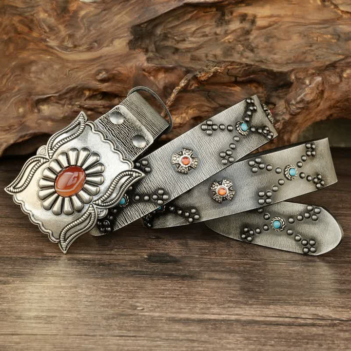 Colorful Gems Stone-Decorated Western Rivets Leather Belt - Gray - 42 - image 5