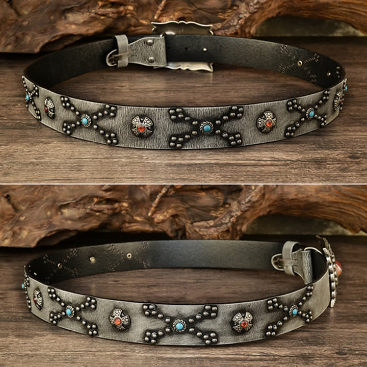 Colorful Gems Stone-Decorated Western Rivets Leather Belt - image 9