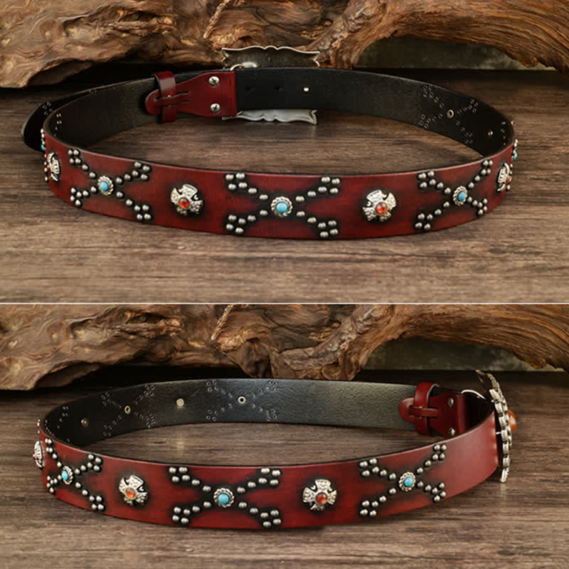 Colorful Gems Stone-Decorated Western Rivets Leather Belt