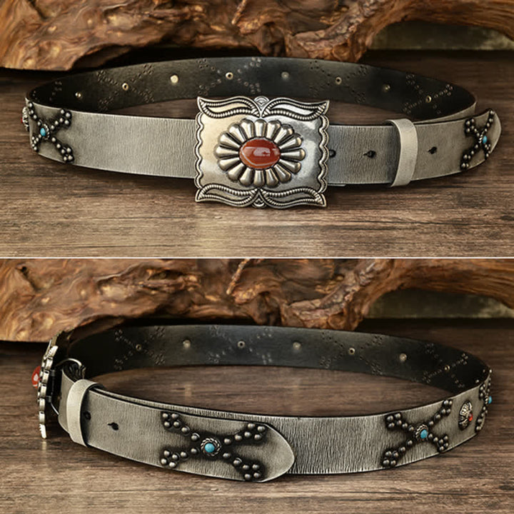 Colorful Gems Stone-Decorated Western Rivets Leather Belt - image 8