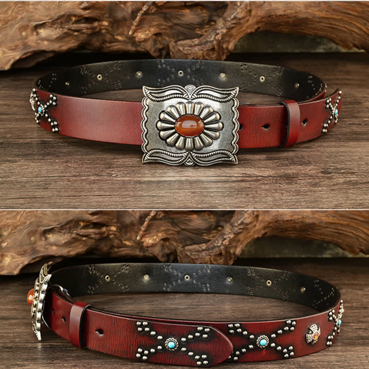 Colorful Gems Stone-Decorated Western Rivets Leather Belt - image 3