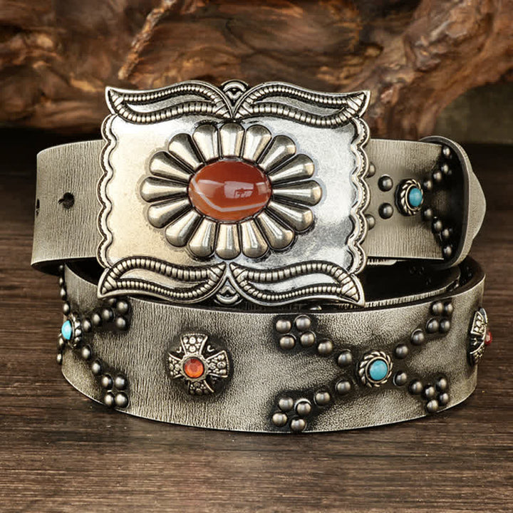 Colorful Gems Stone-Decorated Western Rivets Leather Belt - image 6