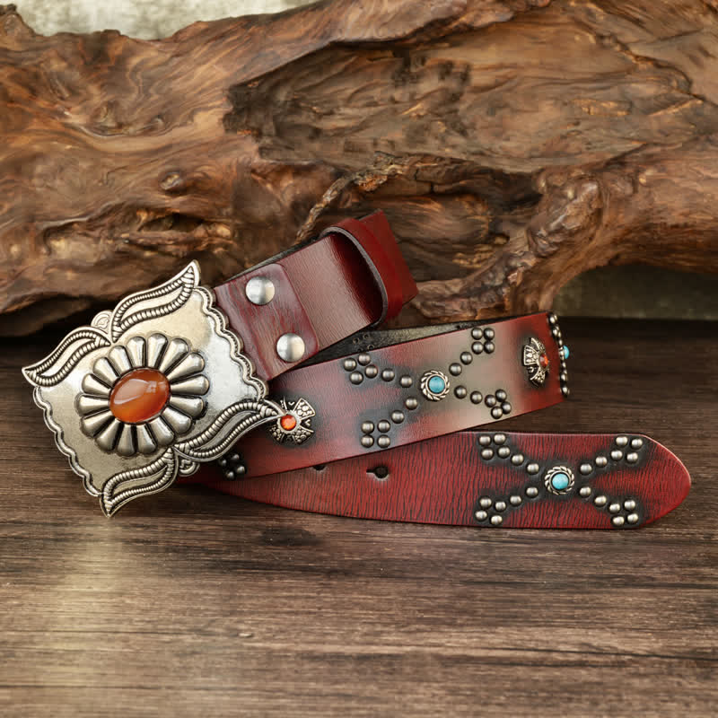 Colorful Gems Stone-Decorated Western Rivets Leather Belt - Brown - 42 - image 0