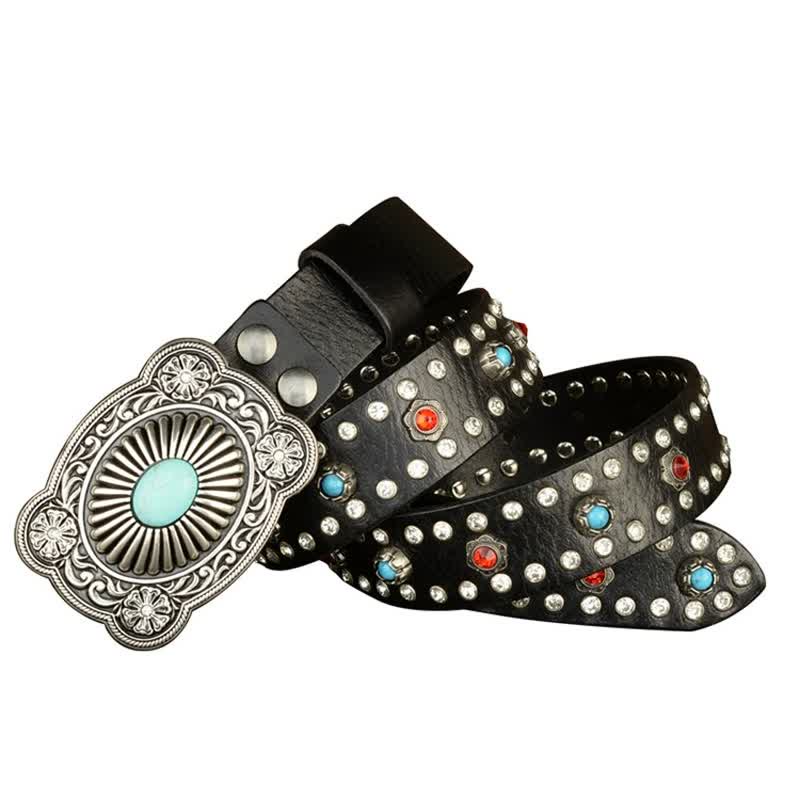 Gothic Red & Blue Gem Rivets Retro Black Leather Belt - image 5