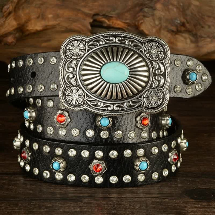 Gothic Red & Blue Gem Rivets Retro Black Leather Belt - Black - 40 - image 0