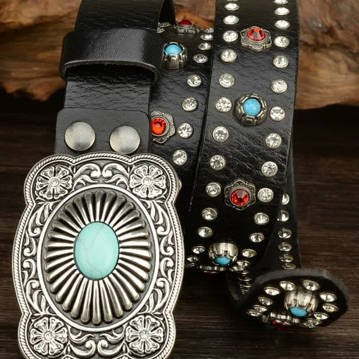 Gothic Red & Blue Gem Rivets Retro Black Leather Belt - image 3