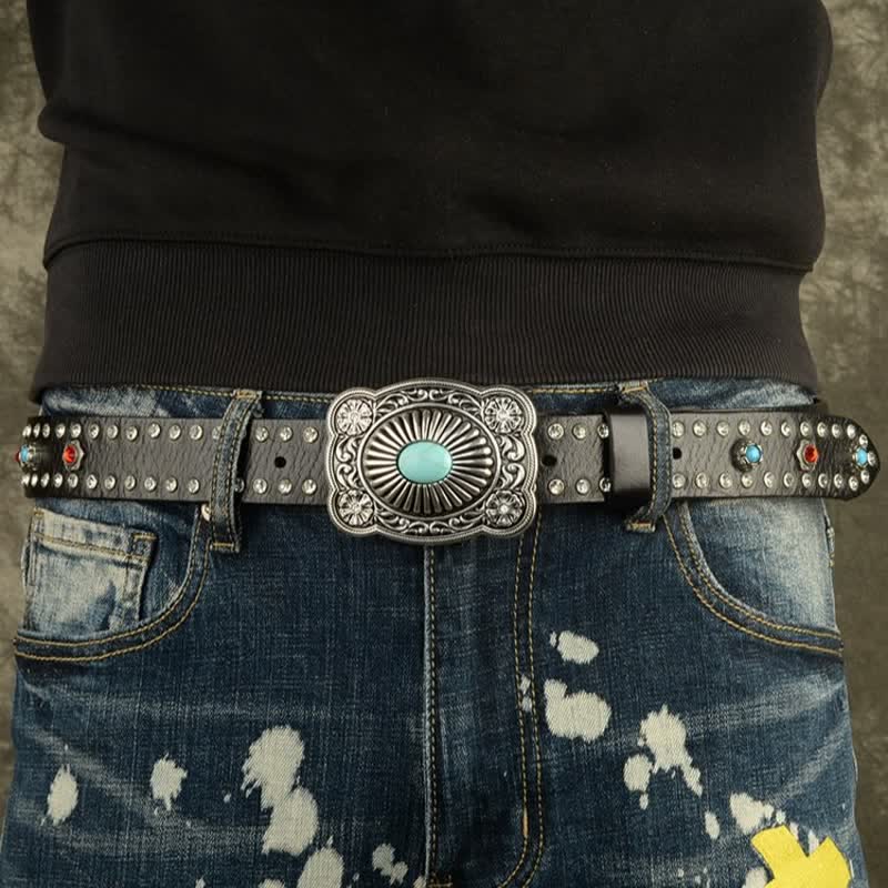 Gothic Red & Blue Gem Rivets Retro Black Leather Belt - image 1