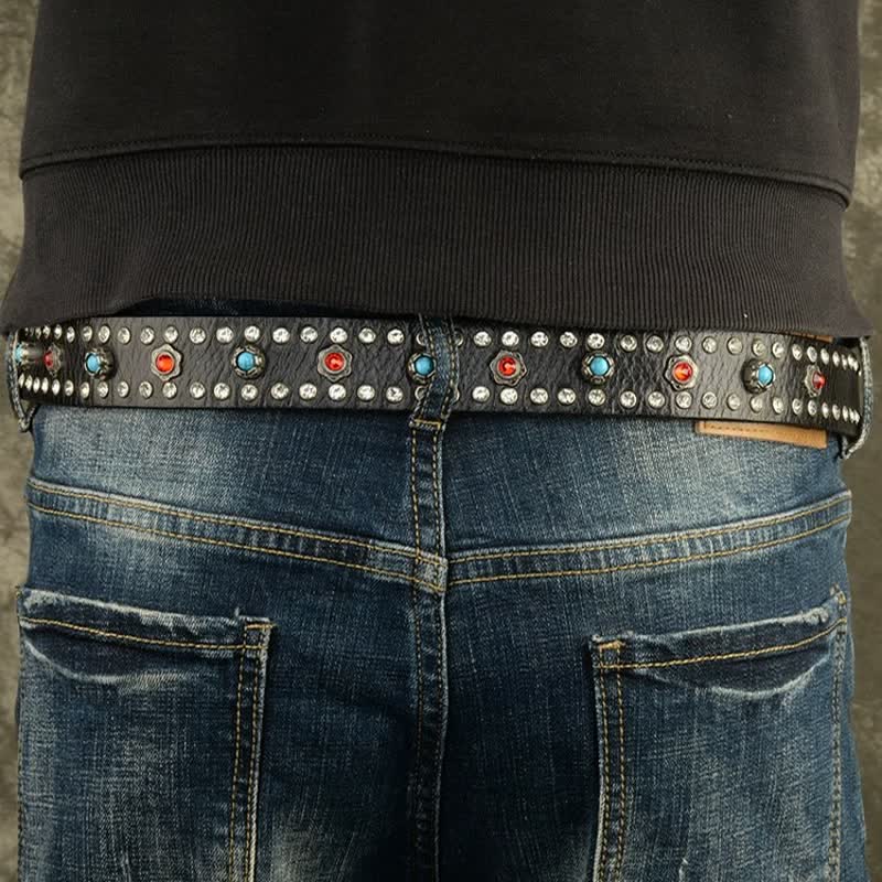 Gothic Red & Blue Gem Rivets Retro Black Leather Belt - image 2