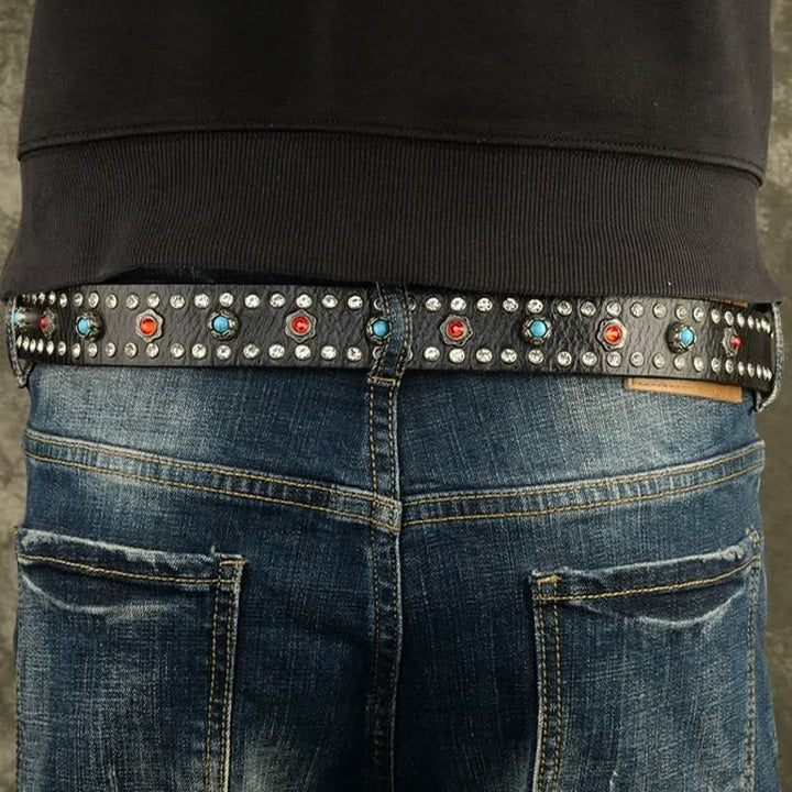 Gothic Red & Blue Gem Rivets Retro Black Leather Belt - image 2