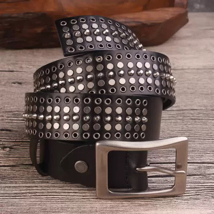 Rock Five Row Silver Studded Rivets Leather Belt - Black - 42 - image 0
