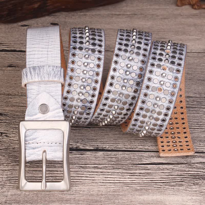 Rock Five Row Silver Studded Rivets Leather Belt - image 4