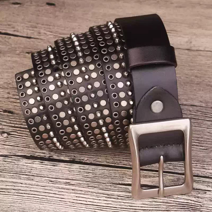 Rock Five Row Silver Studded Rivets Leather Belt - image 1
