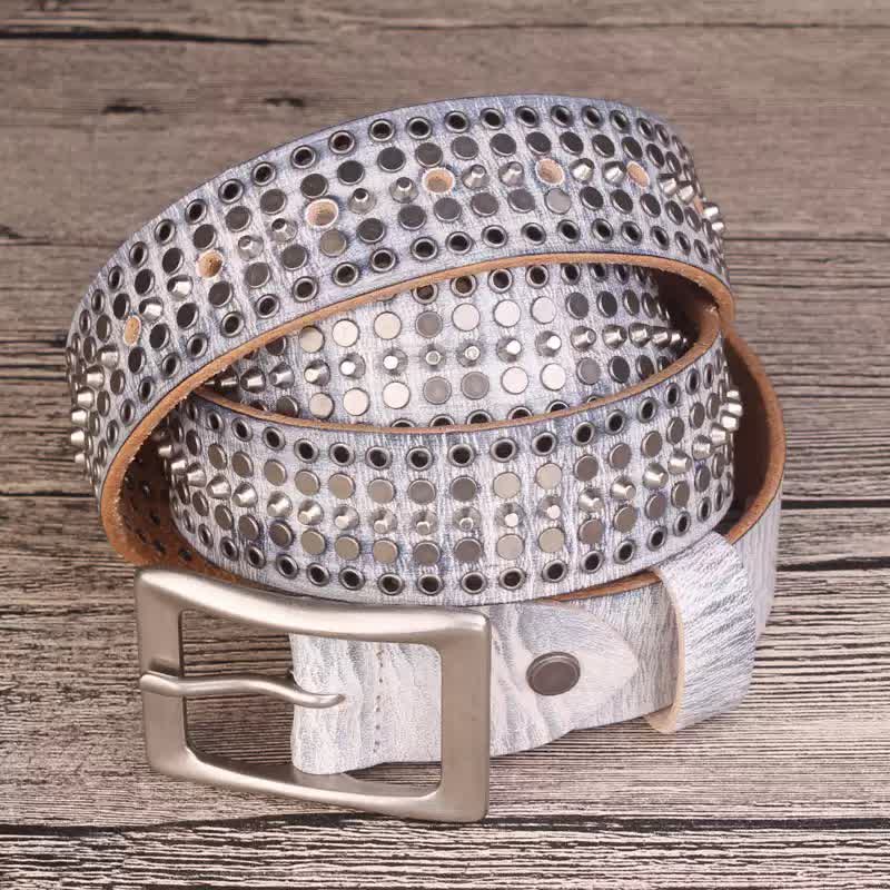 Rock Five Row Silver Studded Rivets Leather Belt - image 3