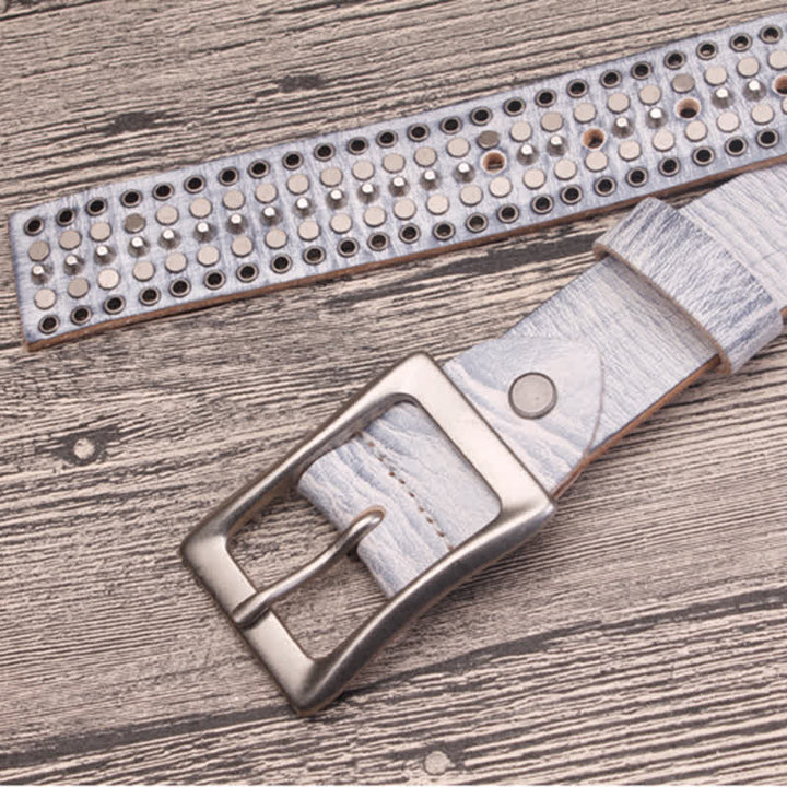 Rock Five Row Silver Studded Rivets Leather Belt - image 5
