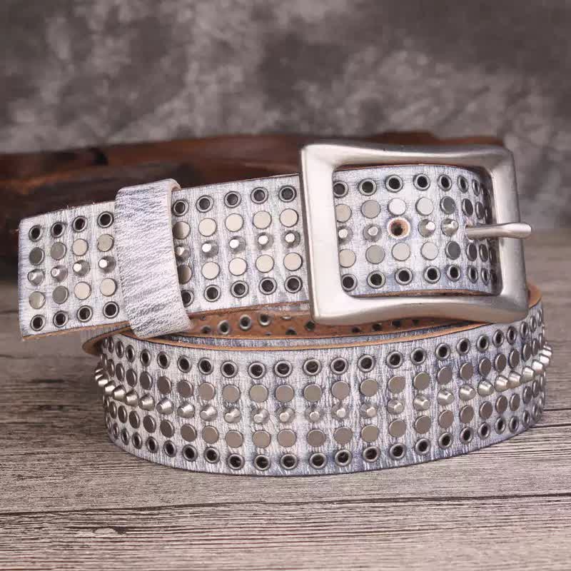 Rock Five Row Silver Studded Rivets Leather Belt - White - 42 - image 2