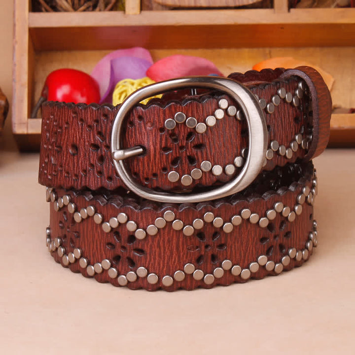 Gothic Ripped Crack Rivets Hollow Out Leather Belt - Brown - 42 - image 0