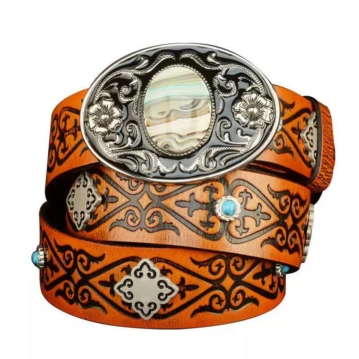 Ethnic Look Orange Embossed Pattern Leather Belt - image 4