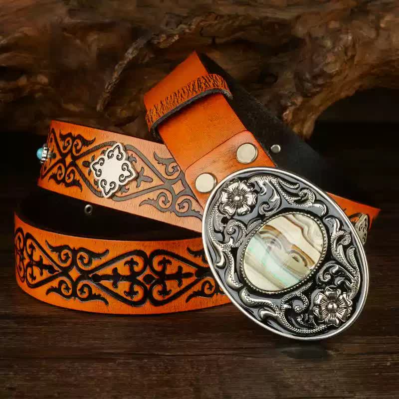 Ethnic Look Orange Embossed Pattern Leather Belt - Orange - 40 - image 0
